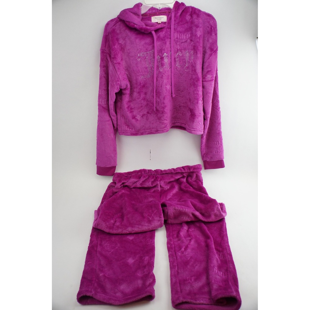 Juicy Couture Pajama Set Womens L Purple Faux Fur Rhinestone Logo Excellent